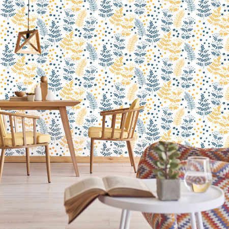 Biała tapeta nordycka w granatowe i pomarańczowe KWIATY i ROŚLINY