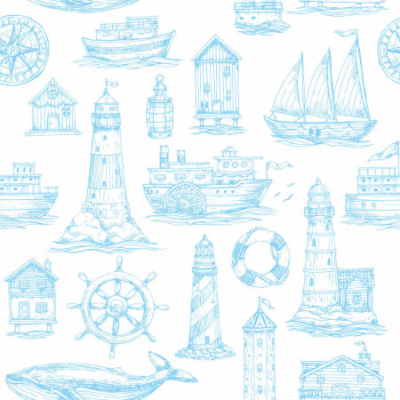 Jasna tapeta z motywem morskim marynistycznym, latarnia biało-niebieska