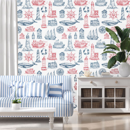 Tapeta morska granatowo-czerwona - latarnia, ster, statki, wieloryb