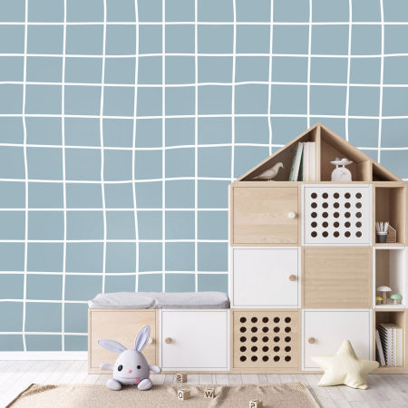 Nowoczesna, niebiesko-biała tapeta w krzywą kratkę