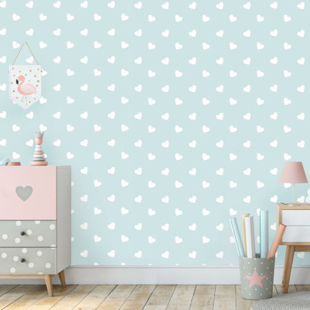 Stylowa miętowa tapeta do pokoju dziecięcego w białe 5 cm serduszka