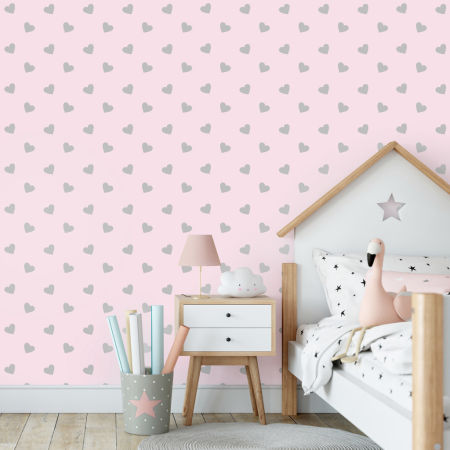 Delikatna, pastelowo różowa tapeta w urocze szare serduszka 5 cm