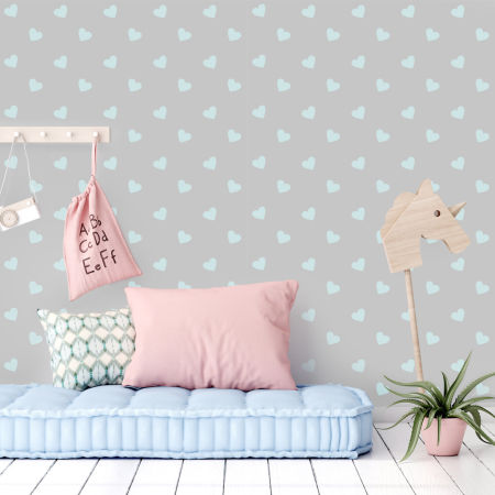 Dekoracyjna szara tapeta w serca 5 cm w kolorze miętowym, dziecięca