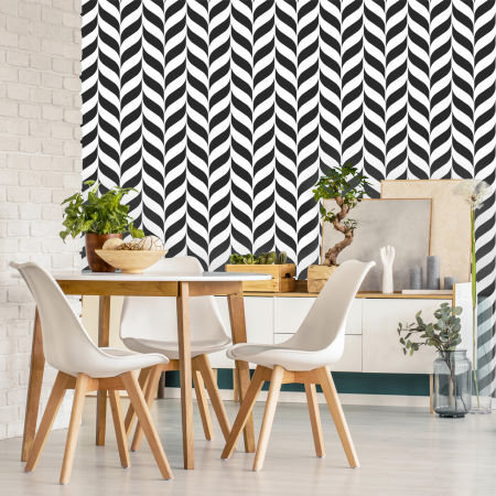 Tapeta jodełka czarno-biała, wzór listki, zebra w nowoczesnym stylu