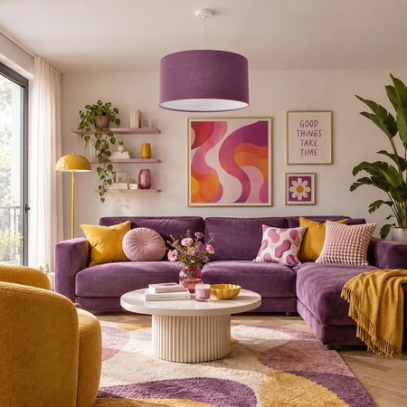 Fioletowo-biała lampa wisząca welurowa, abażur z tkaniny w stylu Dopamine Decor - MULTIKOLOR