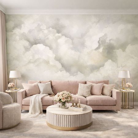 Fototapeta akwarelowa z chmurami, subtelne NIEBO w odcieniach szarości, beżu i kremu