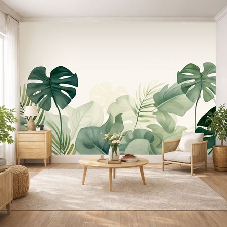 Fototapeta botaniczna LIŚCIE MONSTERY I PALMY, tropikalna tapeta w zielone liście na jasnobeżowym tle