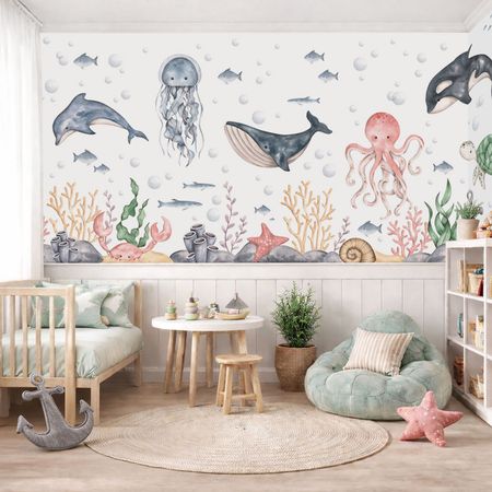 Fototapeta do pokoju dziecka PODWODNY ŚWIAT akwarela: delfin, wieloryb, orka i morskie zwierzęta