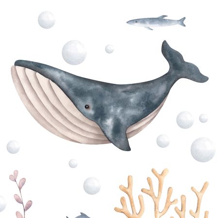 Fototapeta do pokoju dziecka PODWODNY ŚWIAT akwarela: delfin, wieloryb, orka i morskie zwierzęta