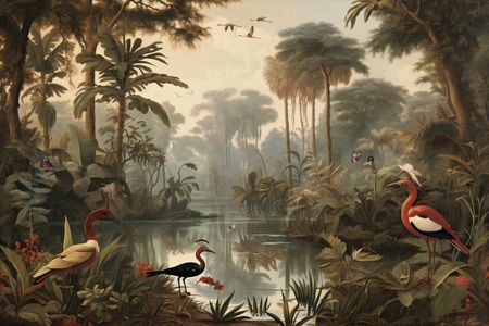 Fototapeta dżungla vintage TROPIKALNY LAS z rzeką i egzotycznymi ptakami, pejzaż jungle