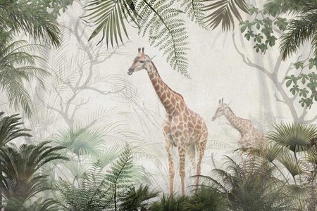 Fototapeta z żyrafami w tropikalnym lesie na ścianę, beżowo-zielona urban jungle - SAVANA