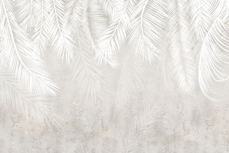 Fototapeta zwisające białe LIŚCIE PALMY NA BETONIE, skandynawska do sypialni i salonu, beżowo-szara