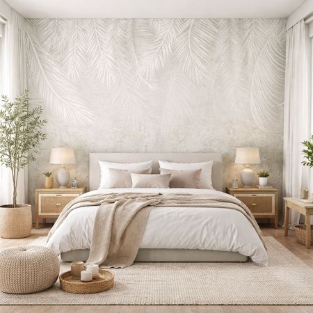 Fototapeta zwisające białe LIŚCIE PALMY NA BETONIE, skandynawska do sypialni i salonu, beżowo-szara