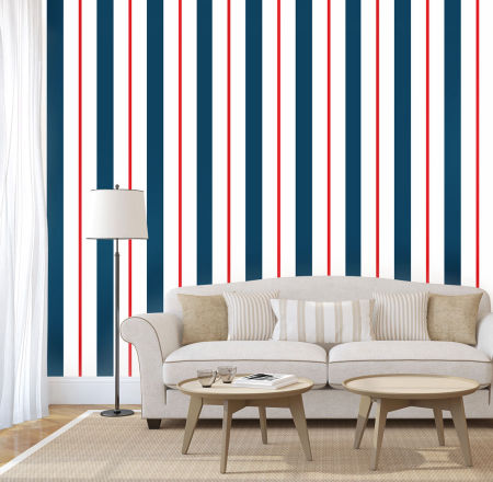 Granatowo-biało-czerwona, marynistyczna tapeta na ścianę w pasy pionowe, dekoracyjna, marynarska