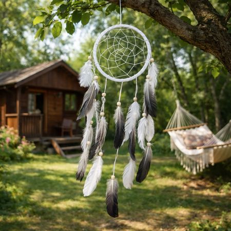 Indiański łapacz snów biało-brązowy z drewnianymi koralikami, styl boho