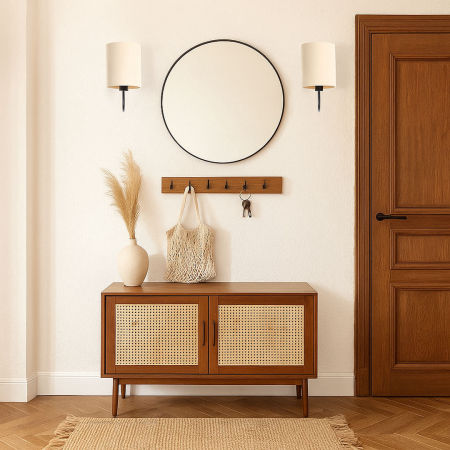 Jasna, kremowa lampa ścienna w stylu boho z lnianym abażurem w kształcie walca BOHO