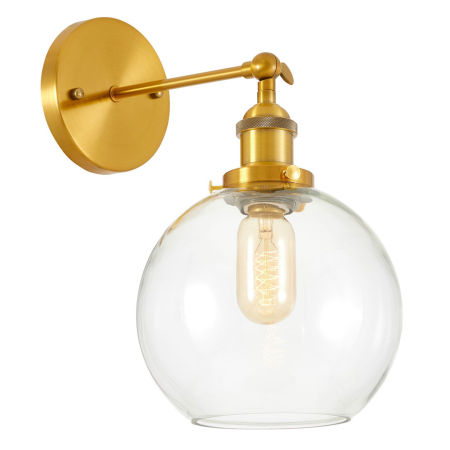 Kinkiet mosiężny loftowy, industrialny, kolor mosiądz, lampa ścienna, szklany klosz kula - NAVARRO