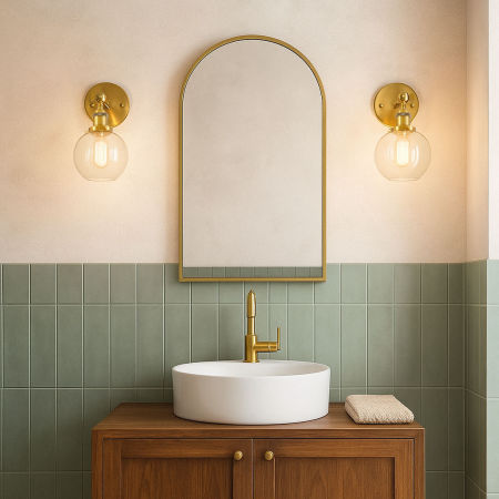 Kinkiet mosiężny loftowy, industrialny, kolor mosiądz, lampa ścienna, szklany klosz kula - NAVARRO