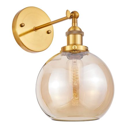 Kinkiet mosiężny z bursztynowym szklanym kloszem kula, lampa ścienna loftowa - NAVARRO