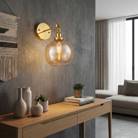 Kinkiet mosiężny z bursztynowym szklanym kloszem kula, lampa ścienna loftowa - NAVARRO