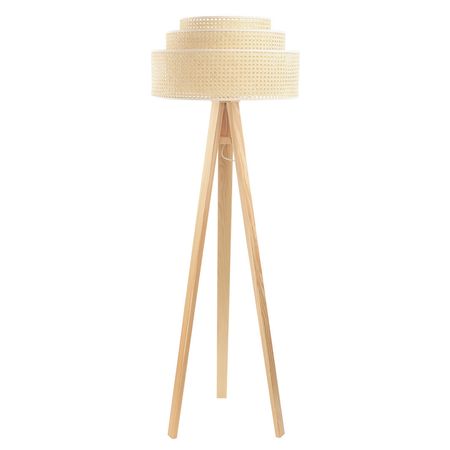 Kremowa, drewniana, boho lampa stojąca z walcowymi abażurami, trójnóg ROTANG