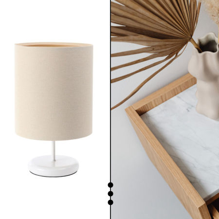 Kremowa lampka nocna z walcowym abażurem z lnianej tkaniny z beżowym wnętrzem BOHO