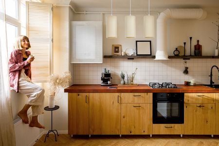 Kremowa lniana lampa wisząca potrójna na listwie tuba nad stół, do jadalni, kuchni, nad wyspę - BOHO