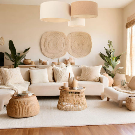 Kremowo-beżowa lampa sufitowa z jutowymi i lnianymi abażurami w kształcie walca, plafoniada BOHO