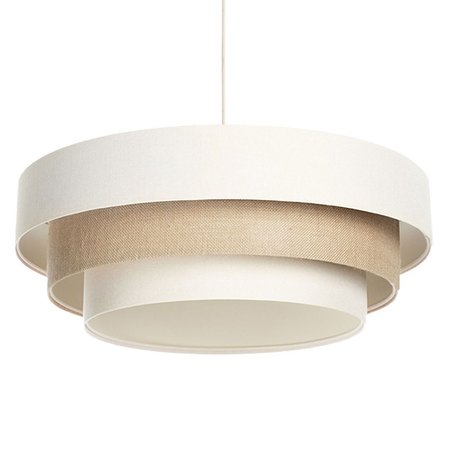 Kremowo-beżowa lampa wisząca z kaskadowo ułożonymi kloszami z lnu i tkaniny jutowej w kształcie walca BOHO