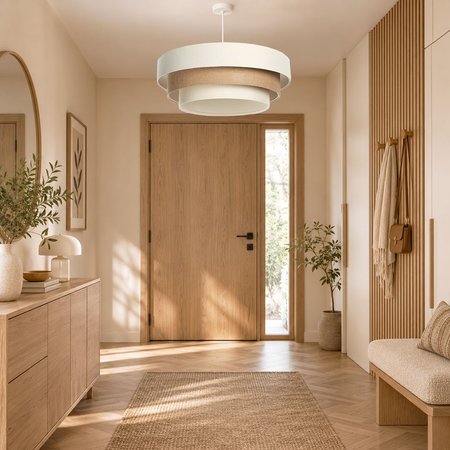 Kremowo-beżowa lampa wisząca z kaskadowo ułożonymi kloszami z lnu i tkaniny jutowej w kształcie walca BOHO