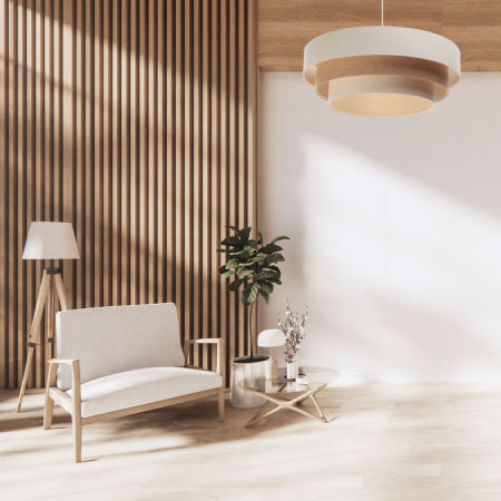 Kremowo-beżowa lampa wisząca z kaskadowo ułożonymi kloszami z lnu i tkaniny jutowej w kształcie walca BOHO