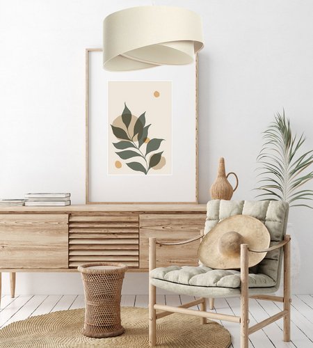 Kremowa lampa wisząca z walcowymi, asymetrycznymi abażurami z lnianej tkaniny BOHO