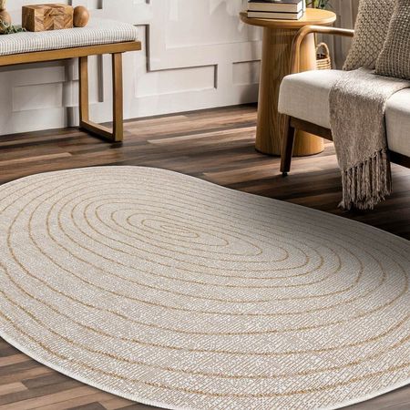 Kremowy okrągły dywan do sypialni w beżowe słoje drzewa, na taras, styl boho japandi - ORGANIC