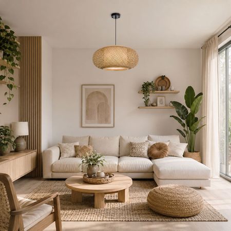 Lampa bambusowa wisząca sufitowa do salonu, pleciony ażurowy abażur styl boho - ROKO