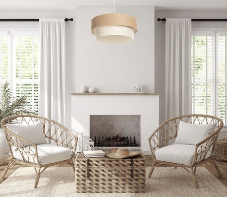 Lampa jutowa BOHO wisząca z podwójnym beżowym i kremowym abażurem z tkaniny jutowej i lnianej