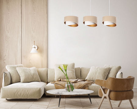 Lampa listwowa trzy abażury, beżowo-biała ze złotym wnętrzem, asymetryczna, welurowa