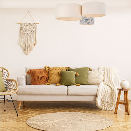 Lampa plafon boho kremowa, potrójna z abażurem w liście monstery i palmy - ELVA