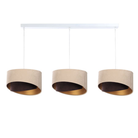 Lampa potrójna beżowo-brązowa z asymetrycznymi welurowymi kloszami, złoty środek