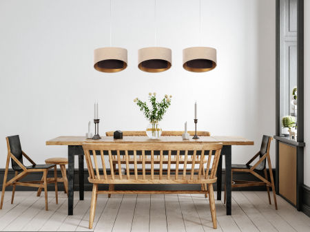 Lampa potrójna beżowo-brązowa z asymetrycznymi welurowymi kloszami, złoty środek