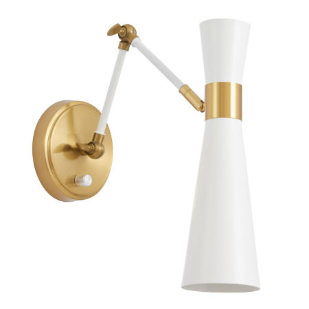 Lampa ścienna biało-mosiężna z wyłącznikiem, kinkiet na wysięgniku do sypialni - SENA W2