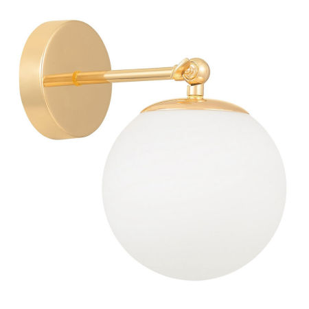 Złota lampa ścienna, kinkiet z kloszem, szklana biała kula, złoto francuskie, nowoczesna - FREDICA W1