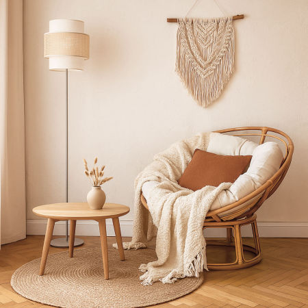 Lampa stojąca rattanowa boho w kolorze złamanej bieli, podwójny abażur - LIAM