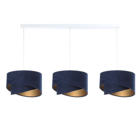 Lampa sufitowa do salonu 3-punktowa granatowa z asymetrycznymi abażurami i złotym akcentem