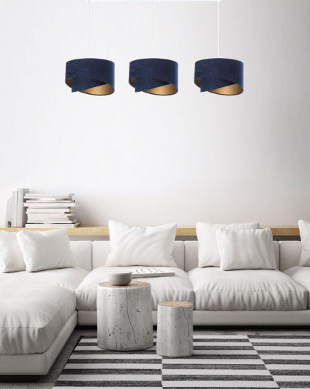 Lampa sufitowa do salonu 3-punktowa granatowa z asymetrycznymi abażurami i złotym akcentem