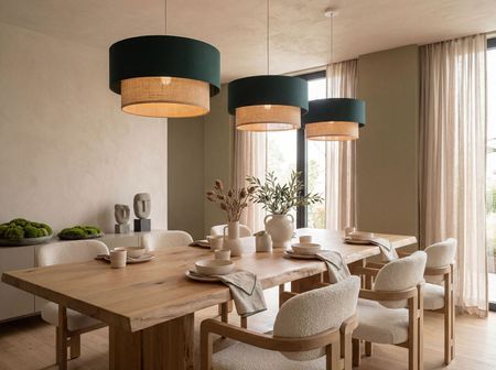 Lampa wisząca butelkowa zieleń i juta, oświetlenie salonu z jadalnią w stylu boho glamour - DUO