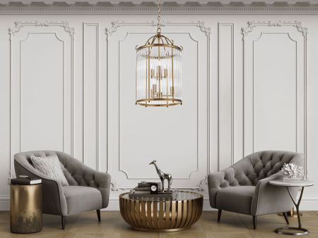 Mosiężna lampa wisząca, metalowa klatka, szklane rurki, 6 żarówek, vintage retro, glamour - BOSTON W6