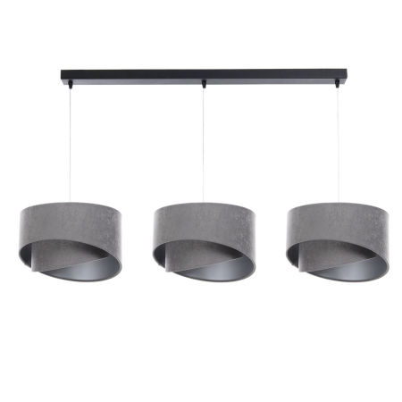 Nowoczesna lampa wisząca na listwie z trzema asymetrycznymi abażurami z weluru, szaro-srebrna
