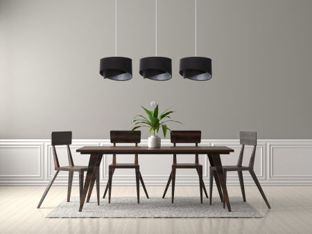 Lampa wisząca potrójna czarno-srebrna z welurowymi asymetrycznymi abażurami, na listwie