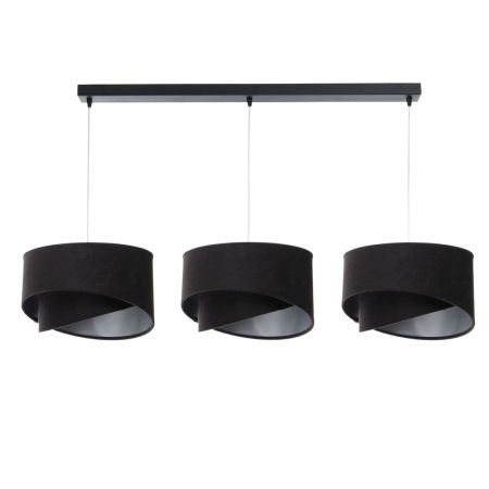 Lampa wisząca potrójna czarno-srebrna z welurowymi asymetrycznymi abażurami, na listwie