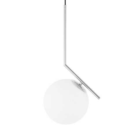 Lampa wisząca srebrna chrom, biały szklany klosz, kula na ramieniu - SORENTO